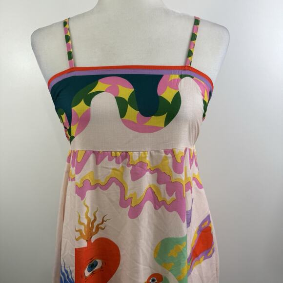 Bohemian Cami Maxi Dress Medium Graffiti Colorful Print Smocked Snake Dragon - Picture 3 of 16